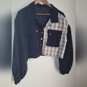 Womens Size Large Corduroy Flannel Crop Jacket Loose Fit Grunge Balloon Sleeve